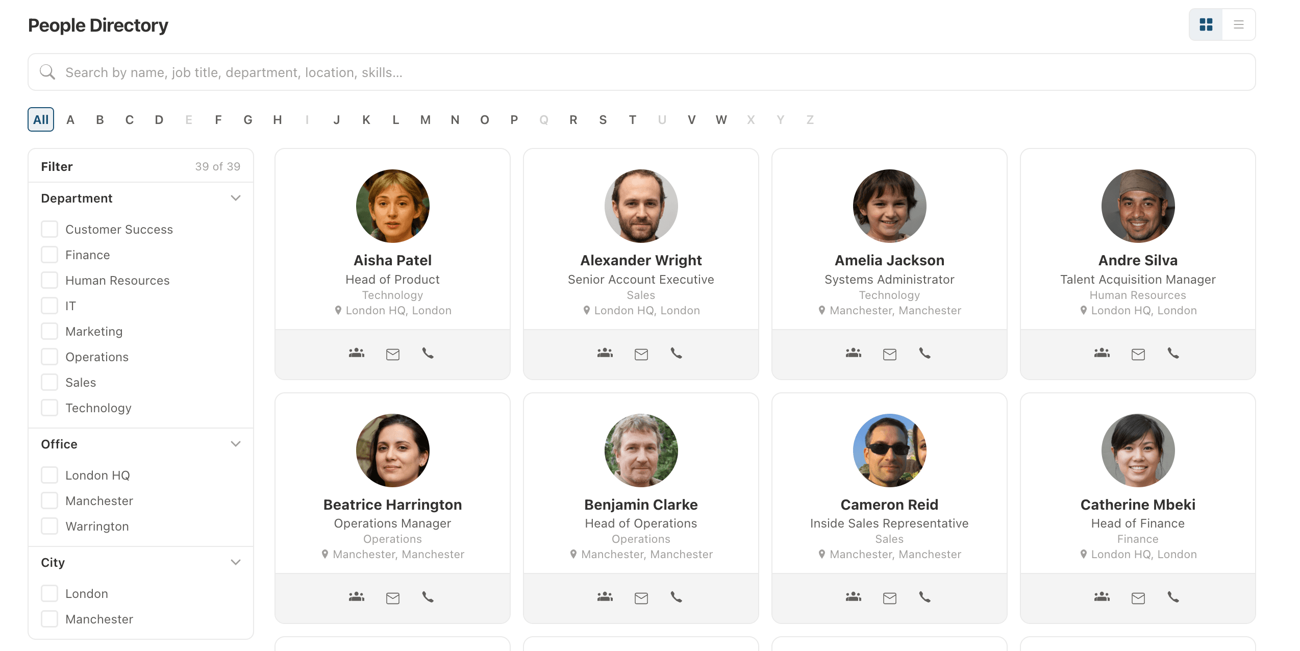 Employee Directory grid view with photos on a SharePoint intranet