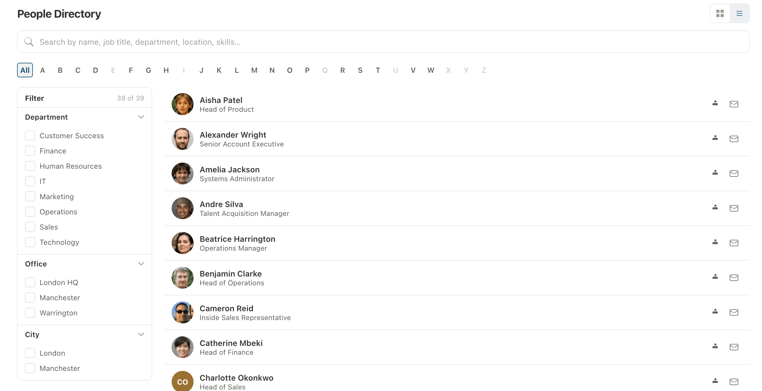 Employee Directory filter and search in use on a SharePoint intranet
