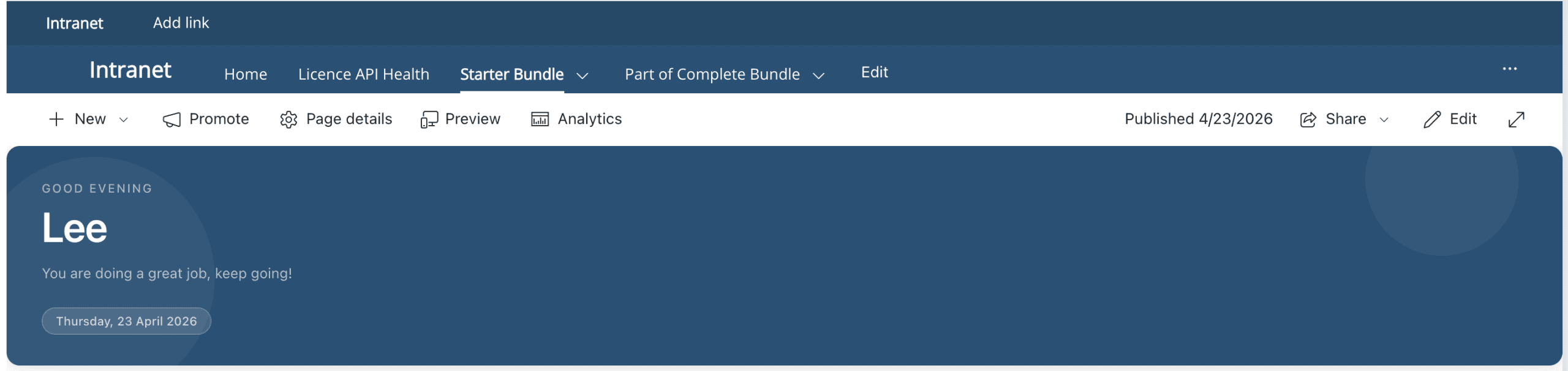 Welcome Banner Small layout on a SharePoint intranet homepage