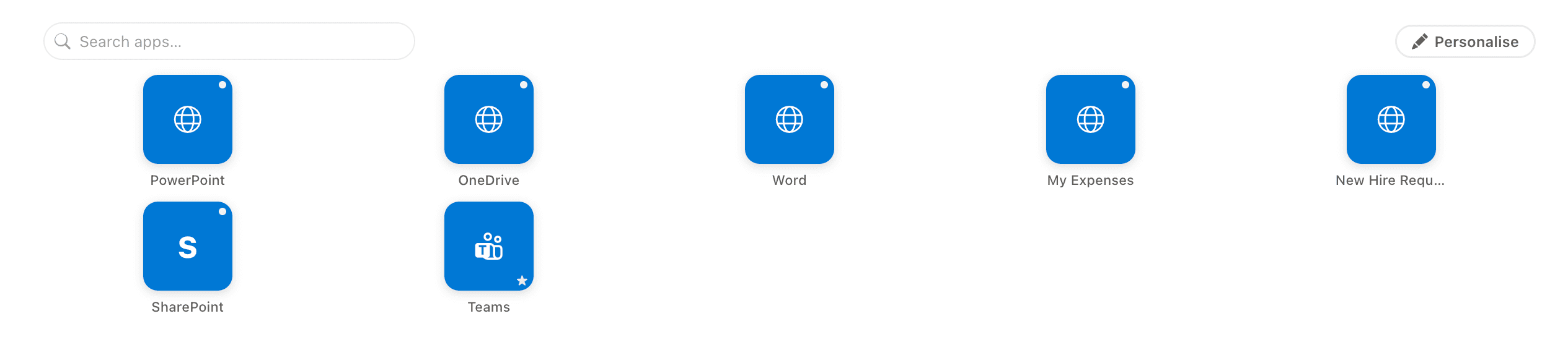 App Launcher search and filter in use on a SharePoint intranet