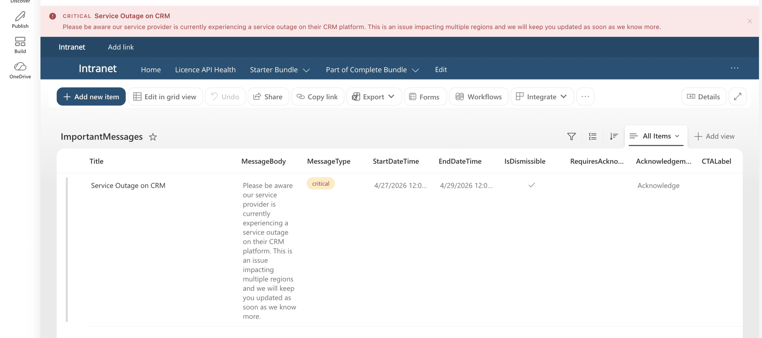 Important Message web part displaying a Critical severity alert in red on a SharePoint page