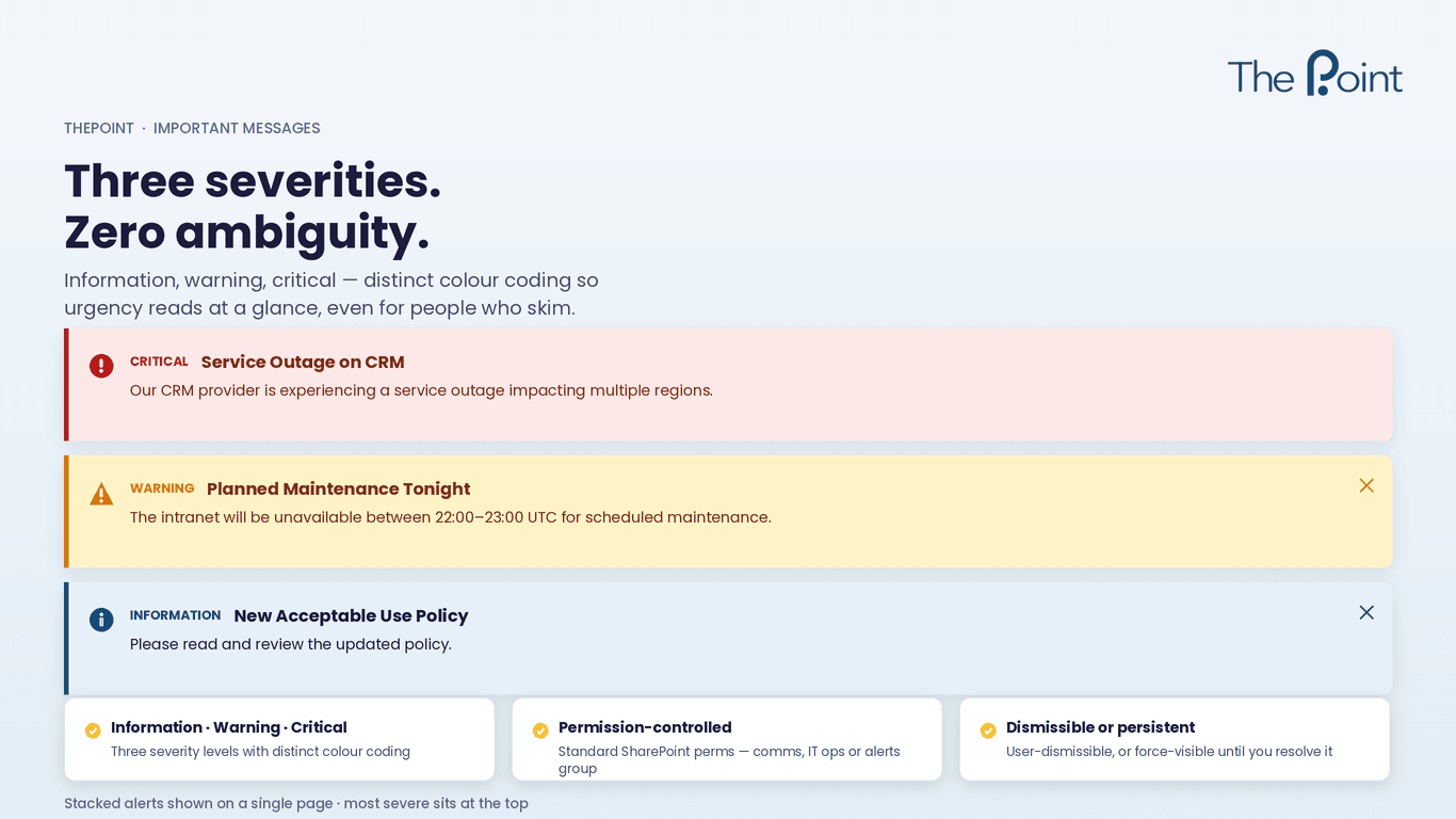 SharePoint alert banner three severity levels - information, warning and critical