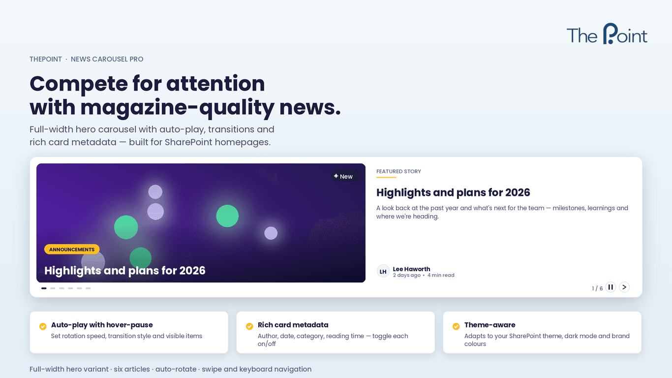 News Carousel Pro hero layout with auto-play and rich card metadata