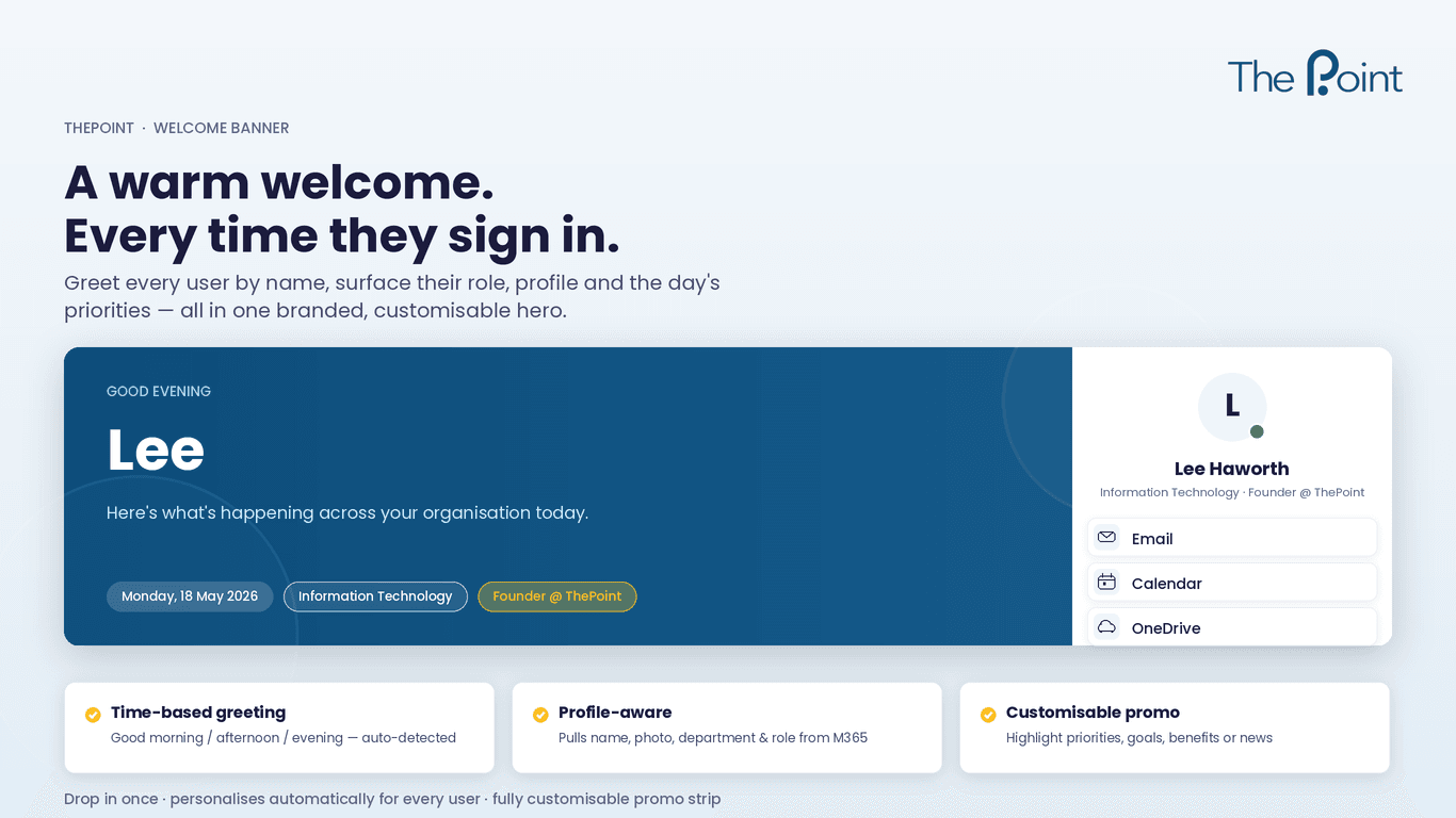 SharePoint welcome banner web part regular layout on an intranet homepage