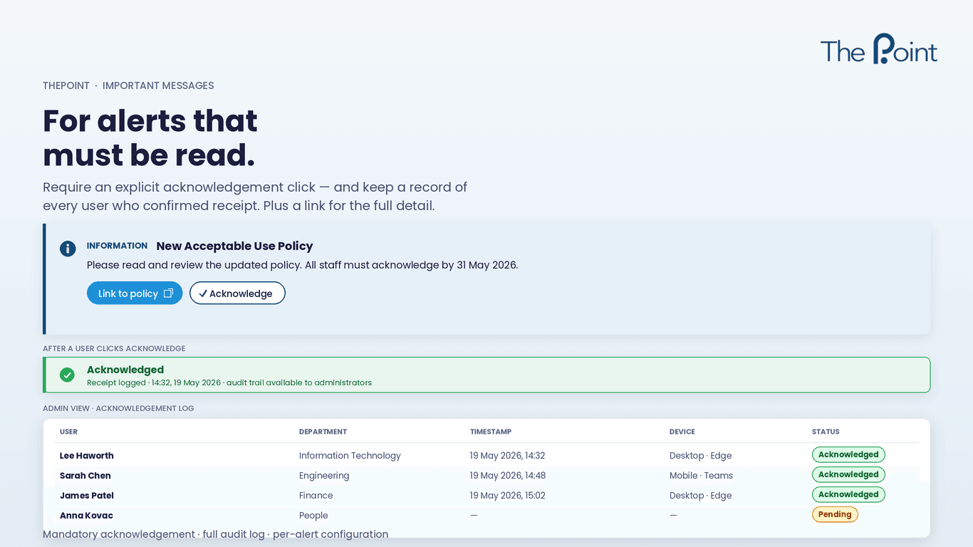SharePoint alert banner requiring user acknowledgement before continuing