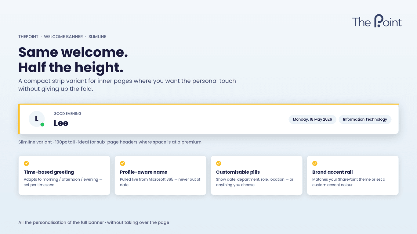 SharePoint welcome banner web part slimline layout on an intranet homepage