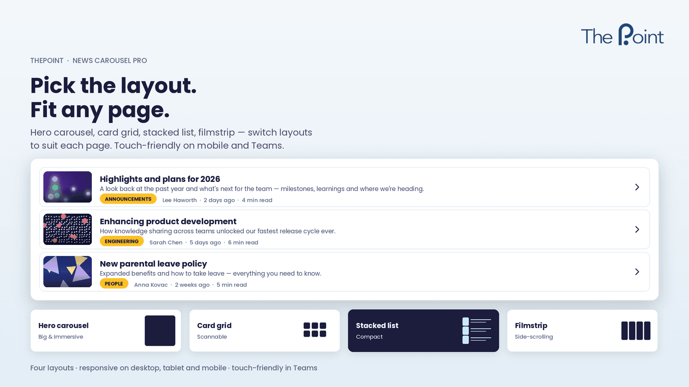 News Carousel Pro four layout options - hero, card grid, stacked list and filmstrip