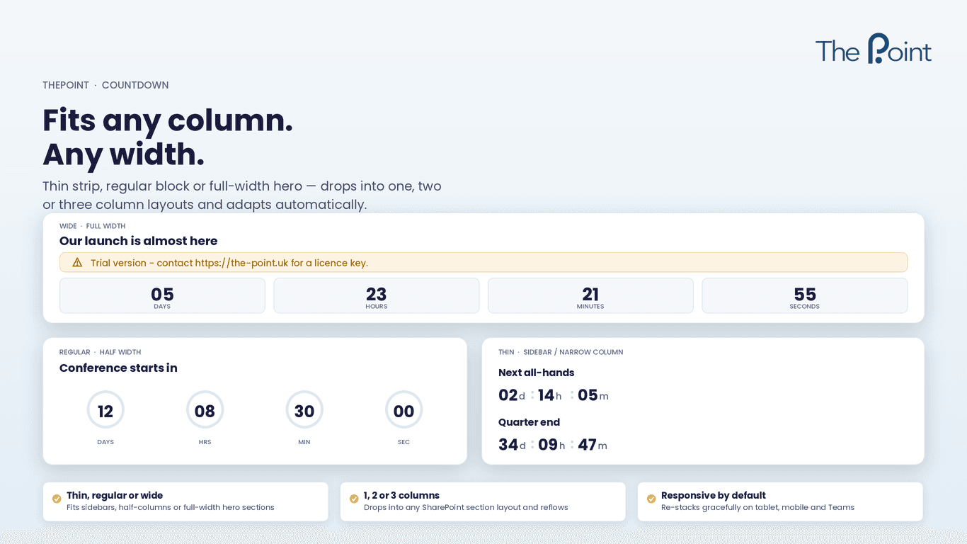 SharePoint countdown timer in thin, regular and wide layout sizes