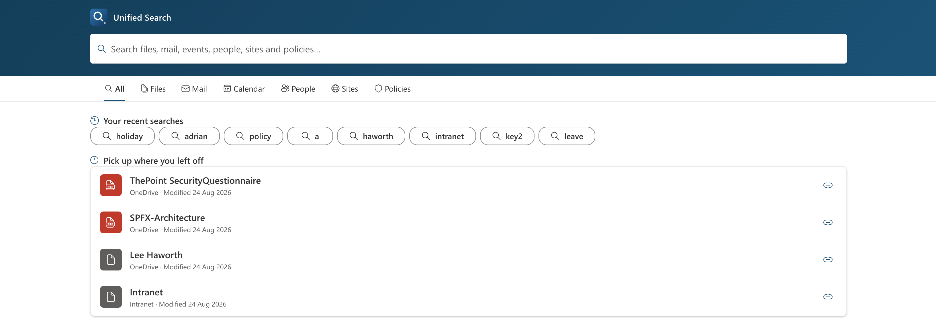 Unified Search web part showing the search box, six result tabs, recent searches and recent files