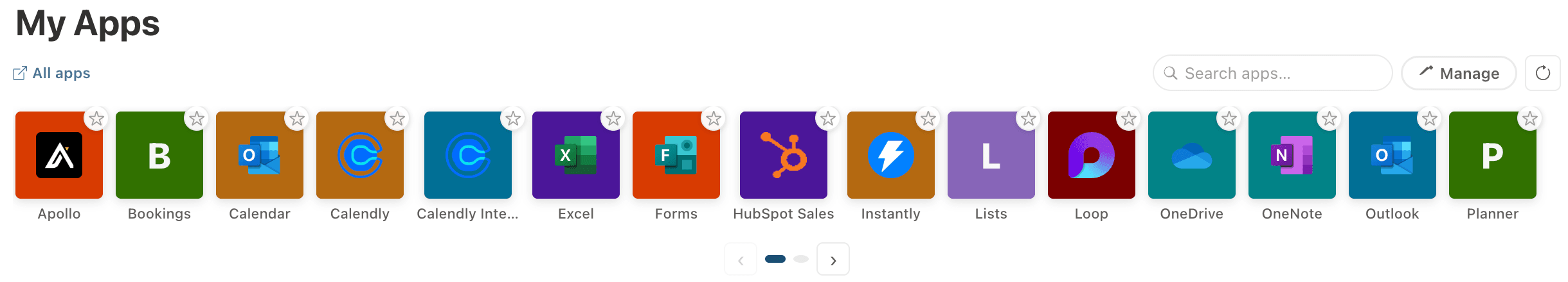 My Apps row of app tiles - Apollo, Bookings, Calendar, Excel, Forms, HubSpot, Lists, OneDrive, Outlook and more - with search, Manage and favourite stars