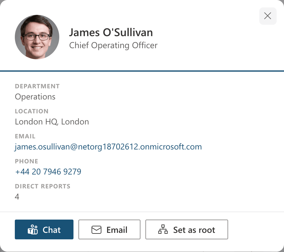 Profile card for James O'Sullivan with department, location, email, phone, direct reports and Chat, Email and Set as root buttons